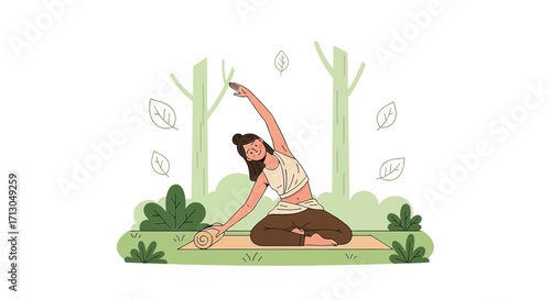 Woman practicing yoga outdoors surrounded by nature,promoting wellness and tranquility through