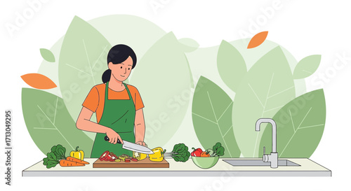 Woman preparing a healthy meal in the kitchen with fresh vegetables and minimalist design background