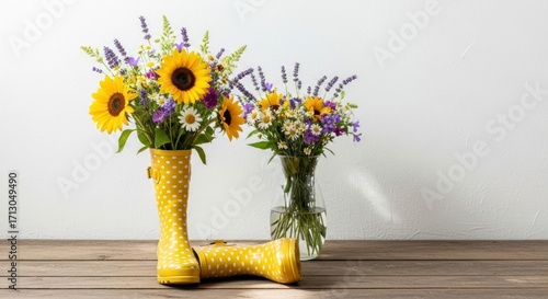 Whimsical Countryside Charm - Sunflower Bouquets in Yellow Polka-Dot Wellington Boots.