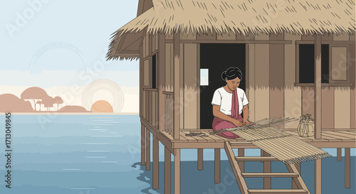 Woman weaving traditional mat in a stilt house on the water at sunrise calm scene