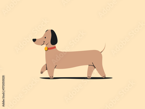 A cartoon dachshund dog with a red collar is walking on a light yellow background.