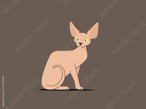 Illustration of a hairless cat sitting on a brown background, with large ears and yellow eyes.