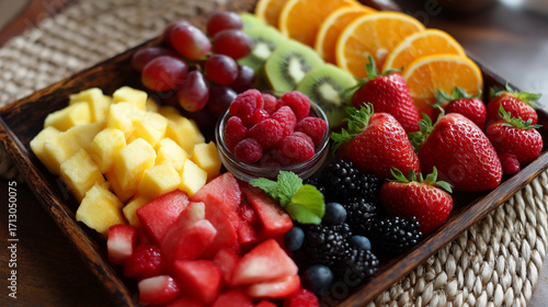 Assorted fresh fruit platter with strawberries grapes pineapple watermelon kiwi orange and berries on a wooden tray