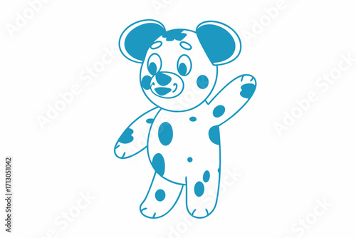 Friendly blue spotted bear waving, looking cheerful and standing upright on a white backdrop
