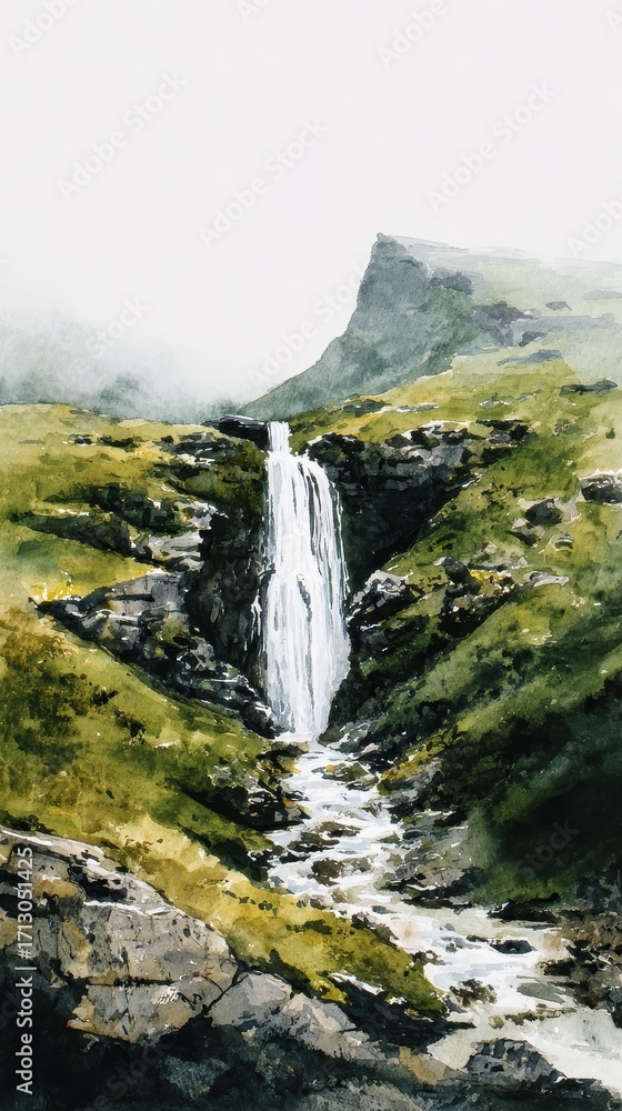 Obraz premium Misty Mountain Waterfall - Serene Digital Painting of a Cascading Stream.