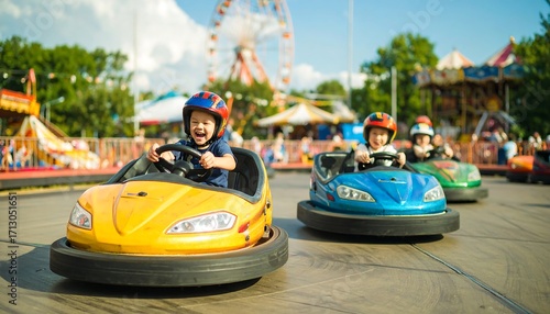 Happy children driving bumper cars at a fun fair
