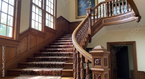 Sunlit Grandeur - An Ornate Curved Wooden Staircase in a Classic Manor House.