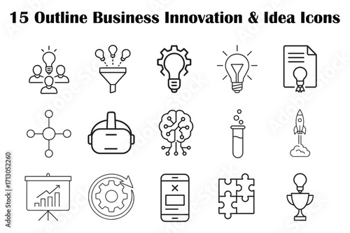 Outline Business Innovation & Idea Icon Set – Strategy, Startup, and Technology Vector Collection