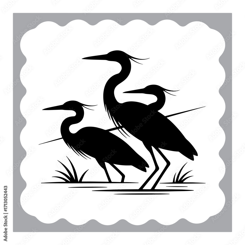 Fototapeta premium Elegant Heron Silhouette Amidst Wetland Vegetation Framed by a Decorative Border Depicting Nature's Serenity and Simple Beauty