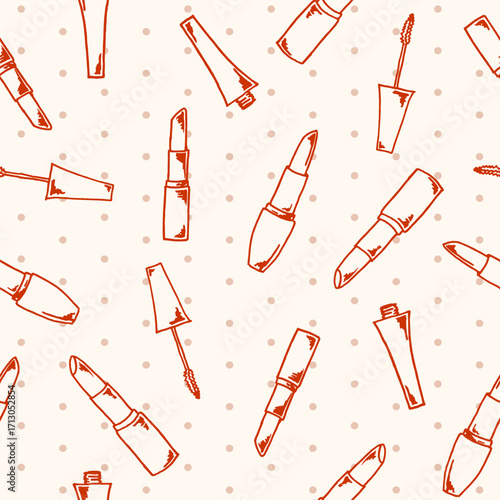 Vector seamless pattern with different freehand drawn lipsticks and mascara on beige background with polka dot