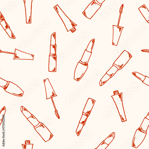 Vector seamless pattern with different freehand drawn lipsticks and mascara on beige background