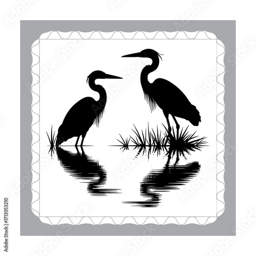 Black and White Heron Silhouette in a Marsh with Reeds Reflected in the Water Creating a Serene Wildlife Scene