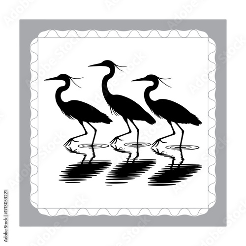 Black and White Heron Silhouette in a Marsh with Reeds Reflected in the Water Creating a Serene Wildlife Scene