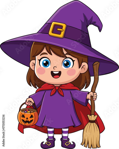 Adorable little girl dressed as cute witch holding broom and pumpkin candy bucket, cartoon Halloween character for spooky holiday celebration