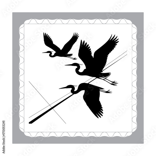Black and White Heron Silhouette in a Marsh with Reeds Reflected in the Water Creating a Serene Wildlife Scene