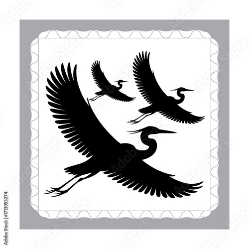 Black and White Heron Silhouette in a Marsh with Reeds Reflected in the Water Creating a Serene Wildlife Scene