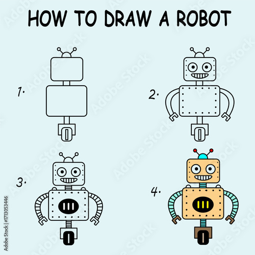 How to draw a Cute Robot. Good for drawing child kid illustration. Vector illustration	
