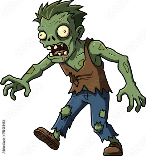 Cartoon zombie character illustration, scary undead monster with green skin, horror creature design, spooky walking dead artwork for Halloween and games