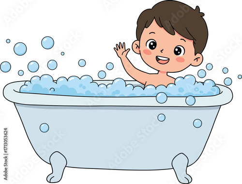 Cute cartoon boy taking bubble bath in bathtub, happy child playing with soap foam, clean hygiene concept, fun bathroom illustration