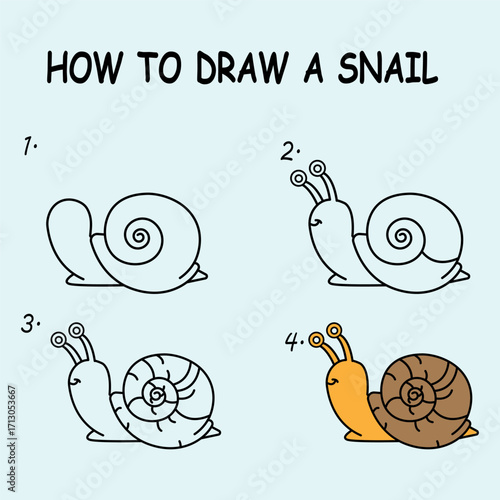 Step by step to draw a Snail. Drawing tutorial a Snail. Drawing lesson for children. Vector illustration.