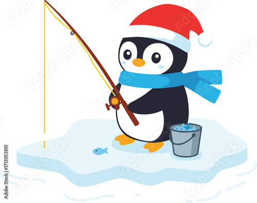 Cute cartoon penguin wearing Santa hat and blue scarf fishing on ice, winter holiday illustration, Christmas animal character design vector