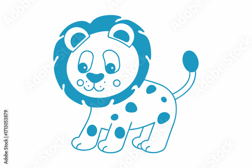 Outlined cartoon lion with spots stands cheerfully against a white background