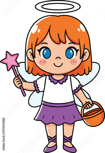 Cute little girl dressed as angel fairy, Halloween costume character with magic wand, trick or treat bucket, cartoon illustration design