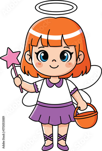 Cute little girl dressed as angel fairy, holding magic wand and Halloween bucket, cartoon character illustration with wings and halo costume