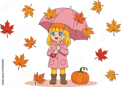 Cute little girl holding pink umbrella with autumn leaves falling, pumpkin beside her, autumn season illustration for fall background design
