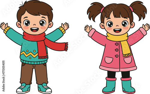 Happy cartoon boy and girl in winter clothes, children wearing scarf and jacket, cute kids illustration, holiday season vector art