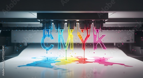 Vibrant Cmyk Ink Letters Forming from a Printer Head Dispensing Colors