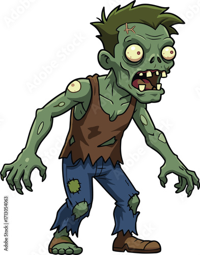 Scary cartoon zombie illustration, creepy undead monster with torn clothes, horror walking dead character design, spooky green ghoul artwork for Halloween