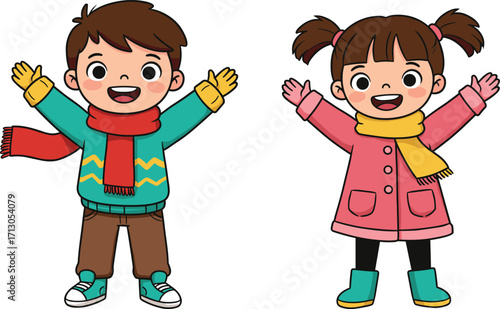 Smiling cartoon boy and girl in winter clothes, kids wearing scarf and jacket, cute children illustration, holiday season vector art