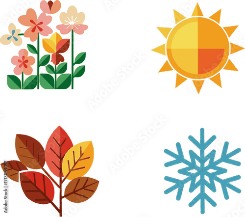 vector flat geometric icons for four seasons, spring flowers, summer sun, autumn leaves, winter snowflakes