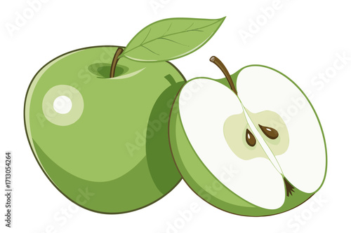 Fresh Green Apple with Leaf and Half Slice Vector Illustration