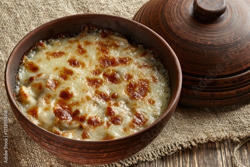 Photos Baked cheesy dish in rustic brown bowl on wooden table