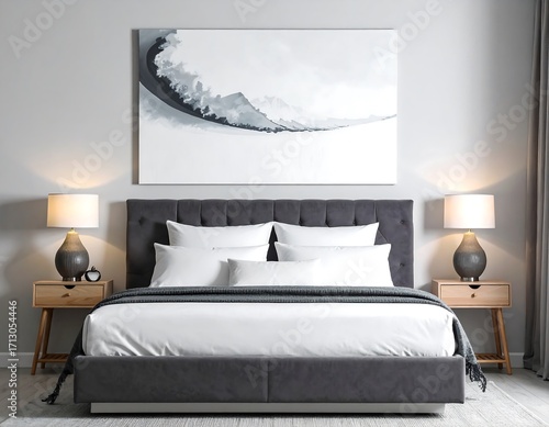 Serene bedroom sanctuary with plush grey bed, crisp white linens, and modern abstract art.