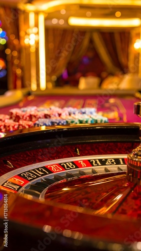 Close-up casino roulette wheel with chips