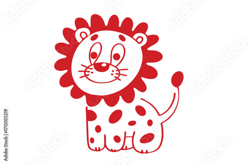 Playful red outlined lion with polka dots stands cheerfully over a white background