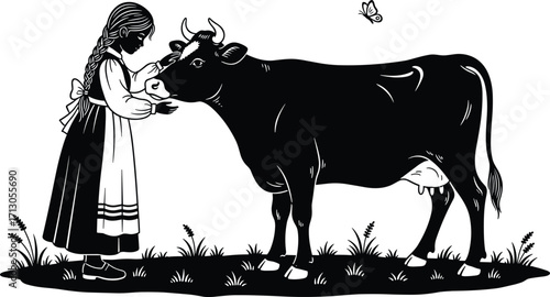 Black and white vector of girl gently touching cow in grassy field with butterfly for rural life, nature, and storytelling themes.