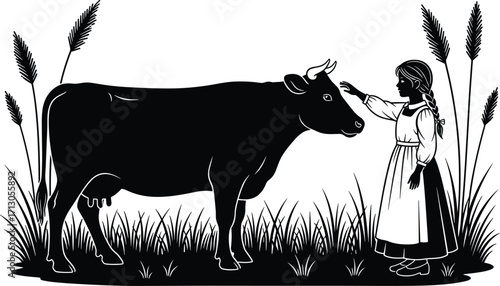 Black and white vector of girl touching cow in grassy field for rural life, nature harmony, and storytelling or agricultural design themes.
