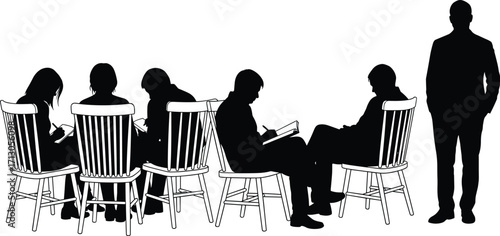 Black and white vector of students seated and writing with standing supervisor for classroom, exam, education, and learning environment themes.