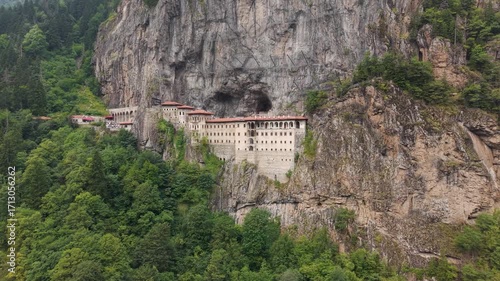 Aerial Drone View of Sumela Monastery in the Misty Mountains of Trabzon, Turkey