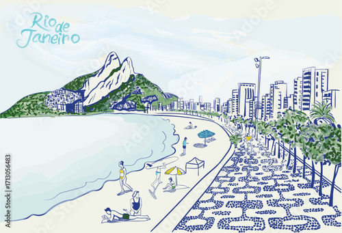 Rio De Janeiro Brazil hand drawn vector art,  Copacabana Rio beach watercolor vector, Rio summer beach artwork for poster, calendar, t shirt, graphic print 