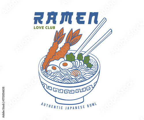 Ramen in bowl drawing vector, Ramen noodles with shrimp and egg illustration, Asian food artwork for t shirt, poster, menu card, Ramen love club