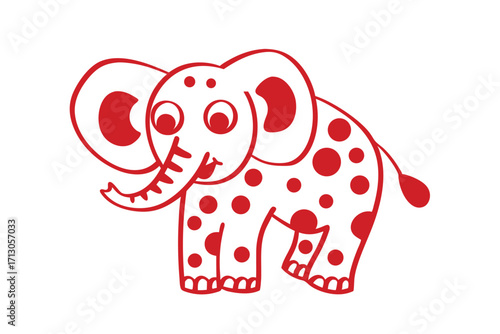 Red cartoon elephant smiling happily with polka dots stands cheerfully on a white background