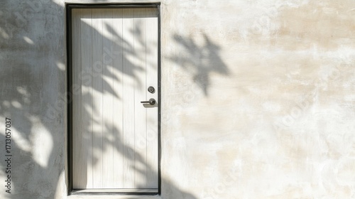 A white door with a black handle sits in front of a white wall. The door is open and the shadow of the tree on the wall is visible