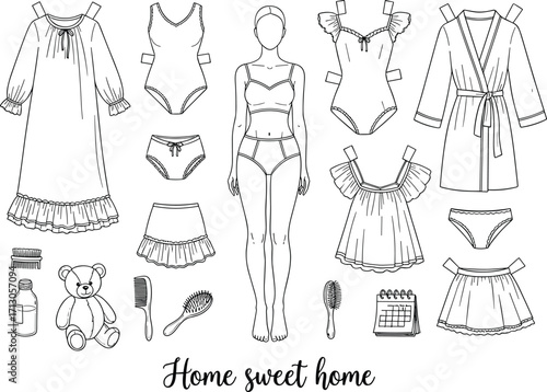 Home lifestyle illustration with woman in underwear, surrounded by clothing, accessories, teddy bear, and personal care items