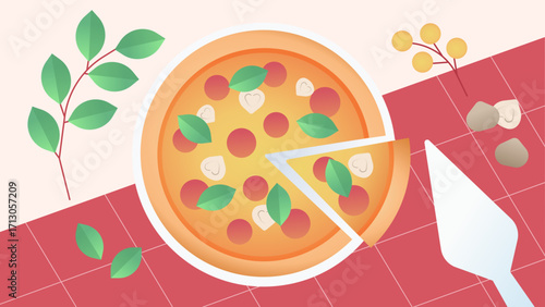 Illustration of a pizza with a slice cut out, garnished with basil leaves.