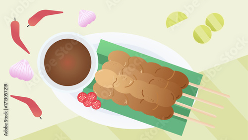 Illustration of satay skewers with dipping sauce and garnishes.
